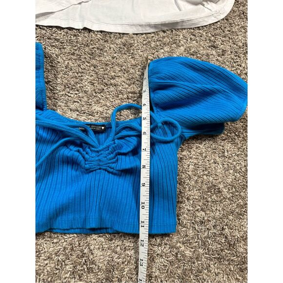 zara puff sleeve crop top blouse bundle cottagecore white and blue women’s S - Picture 7 of 12